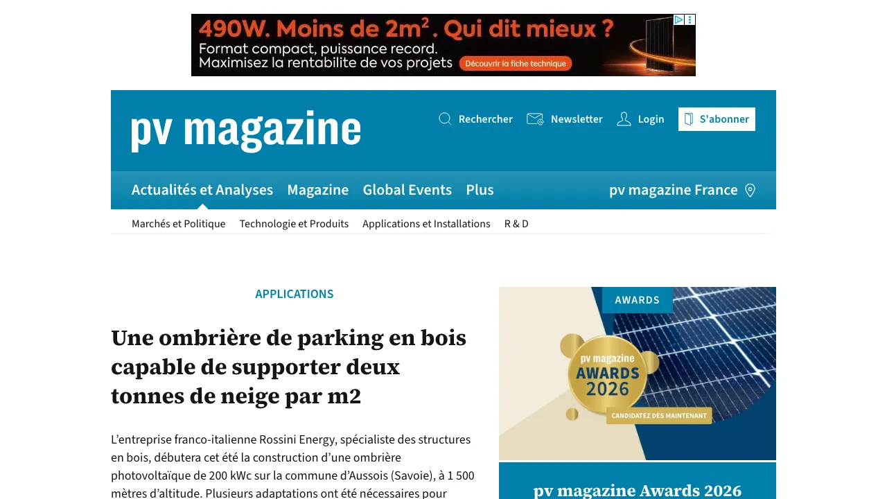 Ombrière de parking en bois Rossini Energy sous une forte charge de neige