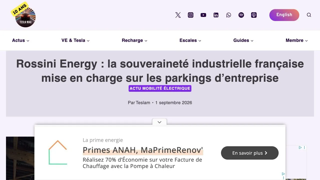 Page de l'article Tesla Magazine consacré à Rossini Energy