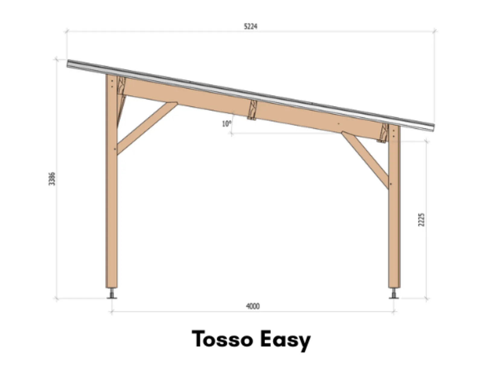 Vue technique de l'ombrière photovoltaïque en bois TOSSO Easy
