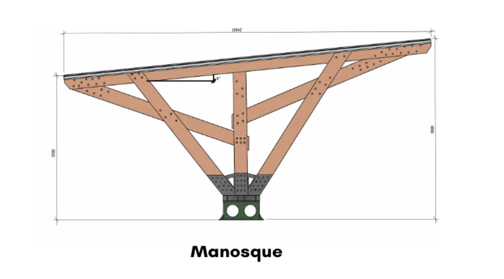 Vue technique de l'ombrière photovoltaïque en bois TOSSO Manosque