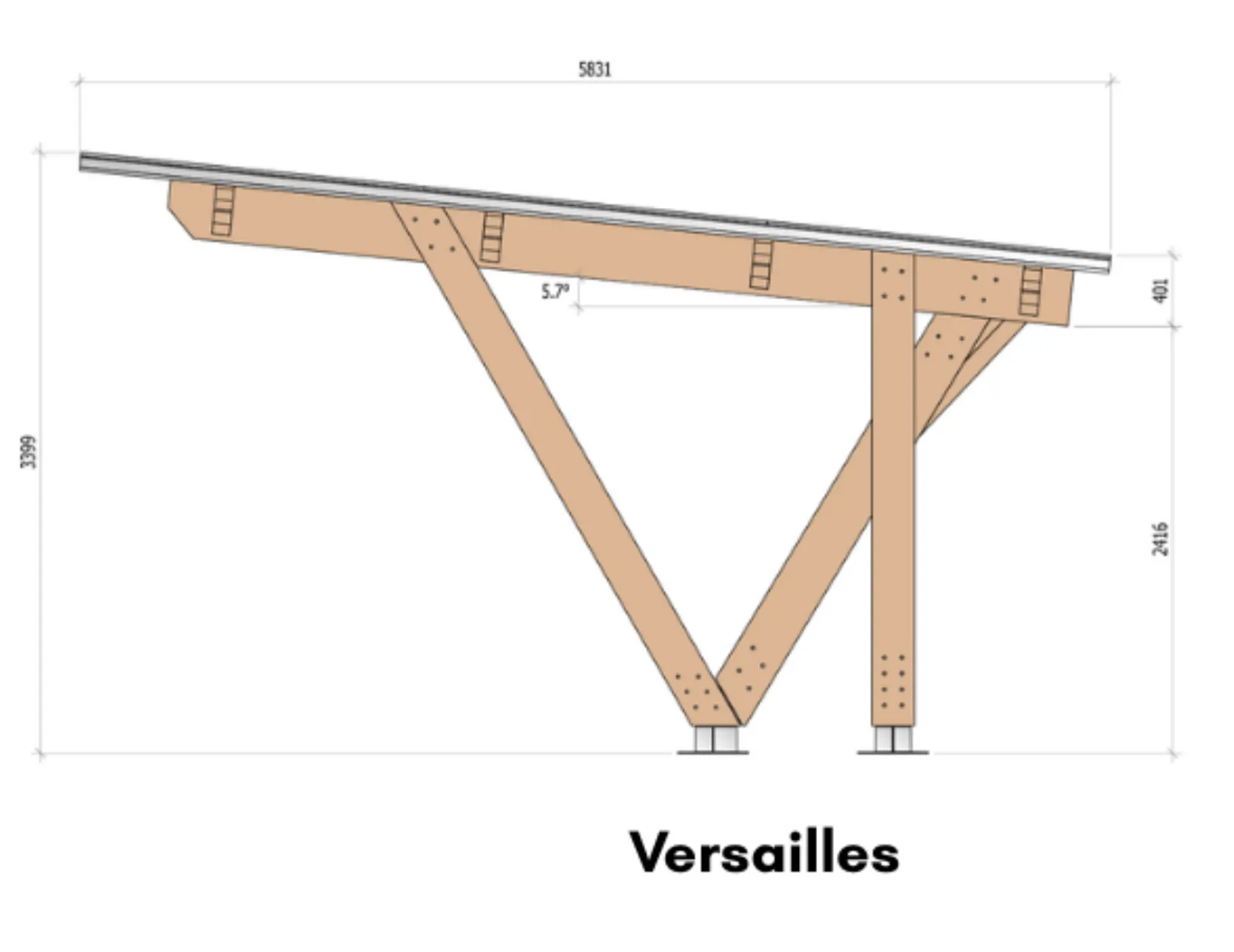 Vue technique de l'ombrière photovoltaïque en bois TOSSO Versailles
